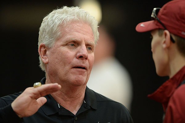 Arkansas coach Chris Bucknam speaks Saturday, Feb. 1, 2020, during the Razorback Invitational in the Randal Tyson Track Center in Fayetteville.