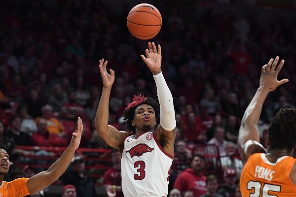Razorbacks guard Desi Sills attempts a jumpshot in the second half of Arkansas' 86-69 win over Tennessee on Wednesday, Feb. 26, 2020 at Bud Walton Arena in Fayetteville. Visit nwaonline.com/uabball/ for more images.