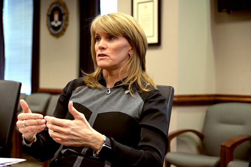 Special Agent in Charge Diane Upchurch speaks with reporters Thursday about the FBI’s efforts to ensure a safe and fair election Tuesday. So far, the FBI has received no word of any threats to election security, she said.
(Arkansas Democrat-Gazette/Stephen Swofford)