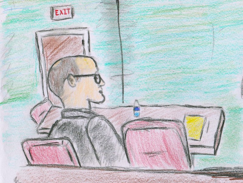 A court sketch shows Matthew R. Elliott, 36, of Magnolia watching testimony during his Feb. 25-28 re-sentencing trial in the Columbia County Justice and Detention Center courtroom.  - Sketch by J.D. Bailey.