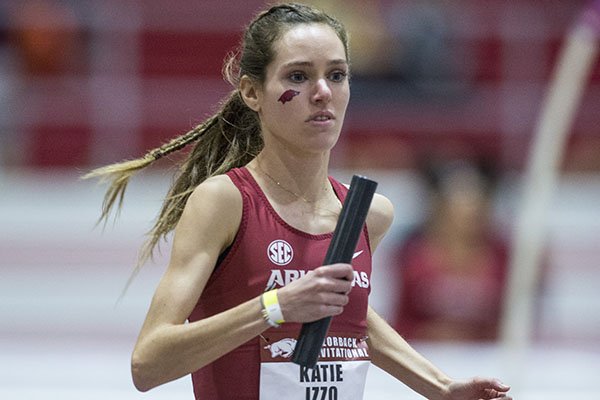 Arkansas' Katie Izzo competes in the women's distance medley relay during the Razorback Invitational on Friday, Jan. 31, 2020, in Fayetteville.