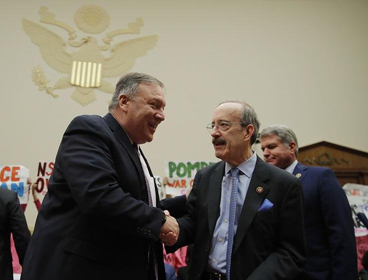 Secretary of State Mike Pompeo greets House Foreign Affairs Committee Chairman Rep. Eliot Engel, D-N.Y., before testifying at a committee hearing Friday.
(AP/Carolyn Kaster)