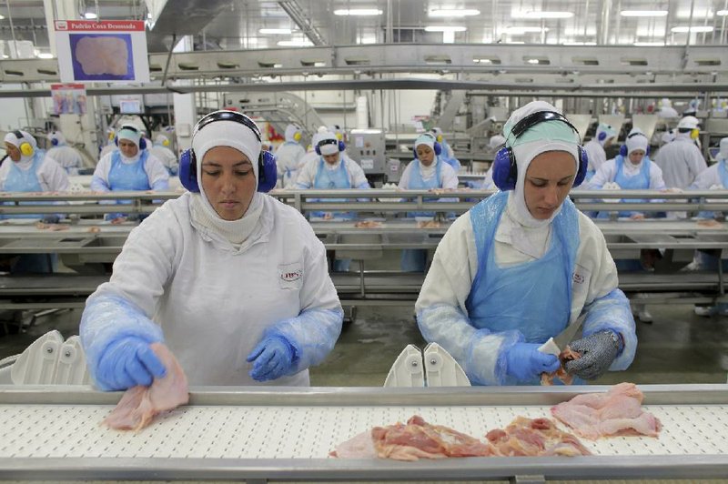 A JBS meatpacking facility in Lapa, Brazil, is shown in 2017, the year in which the U.S. suspended imports of all fresh beef from Brazil after rotten or contaminated meats were found at several plants.
(AP/Eraldo Peres)