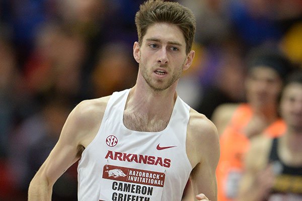 Arkansas' Cameron Griffith competes Saturday, Feb. 1, 2020, in the mile run during the Razorback Invitational in the Randal Tyson Track Center in Fayetteville.