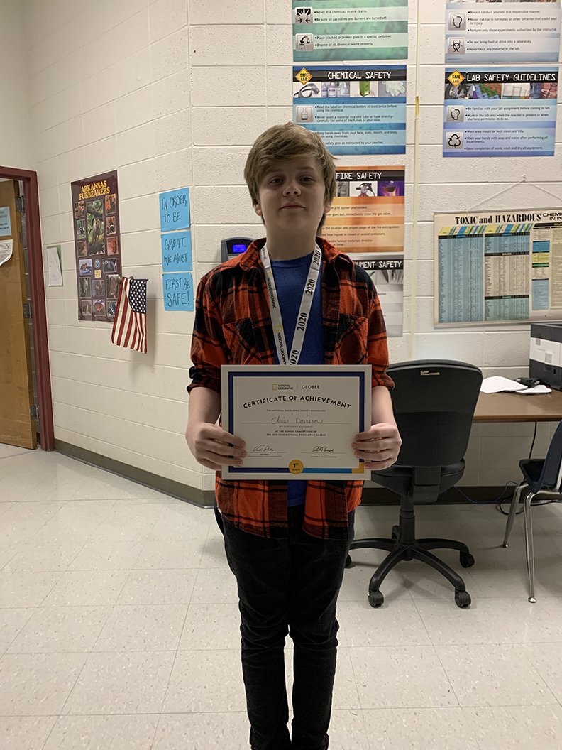 Lake Hamilton Junior High eighth-grade student Christopher Davison recently won the National Geographic Bee. He will now take the online qualifying exam for the Arkansas State Geographic Bee at the University of Central Arkansas in March. - Submitted photo