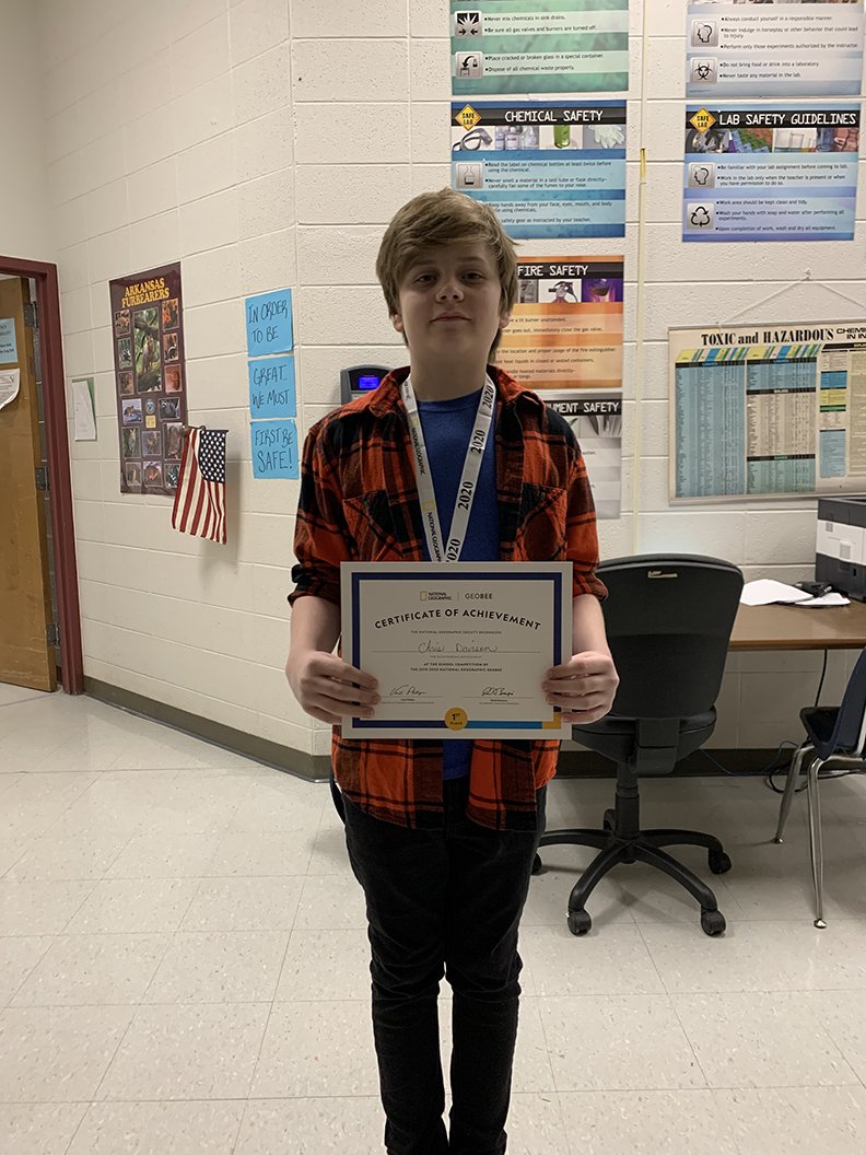 Lake Hamilton Junior High eighth-grade student Christopher Davison recently won the National Geographic Bee. He will now take the online qualifying exam for the Arkansas State Geographic Bee at the University of Central Arkansas in March. - Submitted photo story.lead_photo.caption