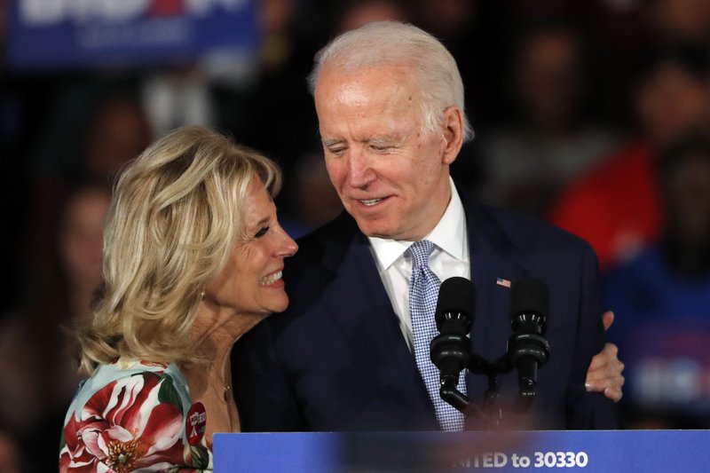 Democratic presidential candidate former Vice President Joe Biden, accompanied by his wife Jill Biden, speaks at a primary night election rally in Columbia, S.C., on Saturday. - AP Photo/Gerald Herbert