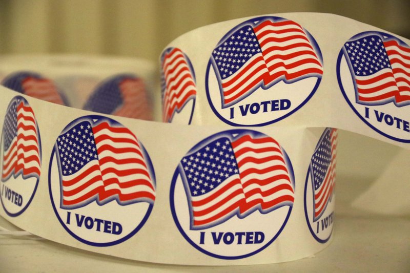 "I Voted" stickers on the table at the Union County Fairgrounds voting center March 3, 2020. (News-Times file)