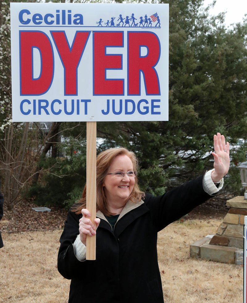 Local attorney Cecilia Dyer, candidate for Division 2 circuit court judge, campaigns Tuesday at the Village Bible Church, 100 Ponderosa Way, in Hot Springs Village. - Photo by Richard Rasmussen of The Sentinel-Record