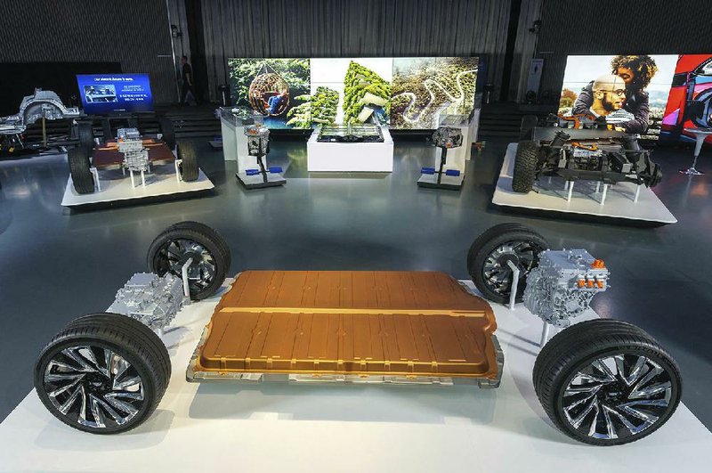General Motors Co’s new modular platform and battery system, Ultium, sits on display Wednesday at the GM technology center in Warren, Mich., during the company’s announcement of plans to introduce 13 new electric vehicles in the next five years.
(AP/General Motors/Steve Fecht)