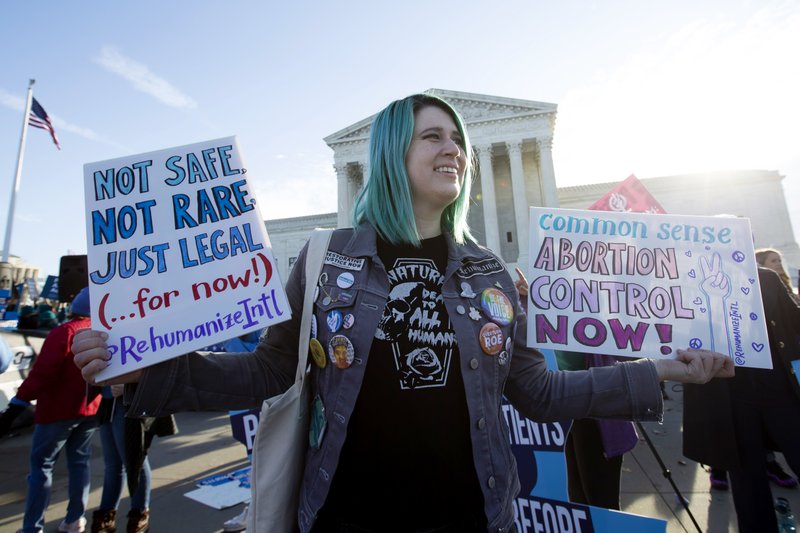 Abortion rights demonstrators rally outside of the U.S. Supreme Court in Washington, Wednesday, March 4, 2020. The Supreme Court is taking up the first major abortion case of the Trump era Wednesday, an election-year look at a Louisiana dispute that could reveal how willing the more conservative court is to roll back abortion rights. (AP Photo/Jose Luis Magana)