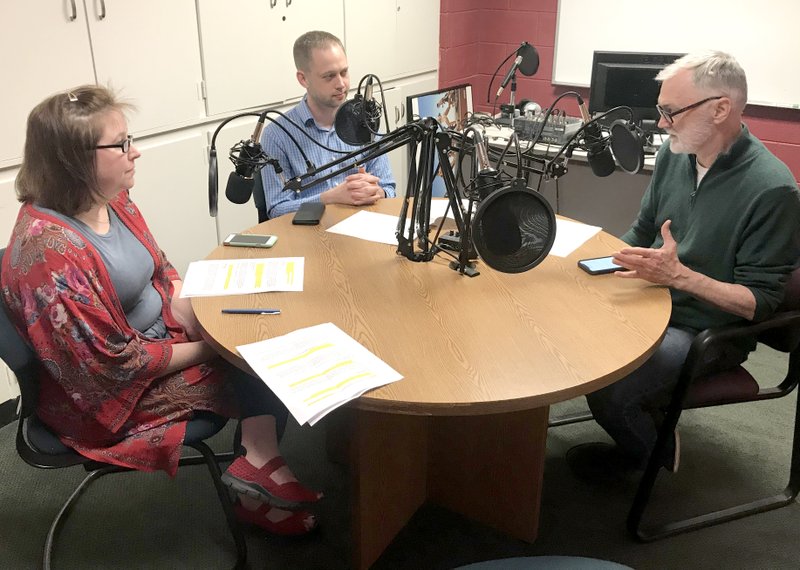 Lara Hightower (from left) features writer with the Northwest Arkansas Democrat-Gazette, talks with Martin Miller and Bob Ford with TheatrSquared about the upcoming 2020 season.