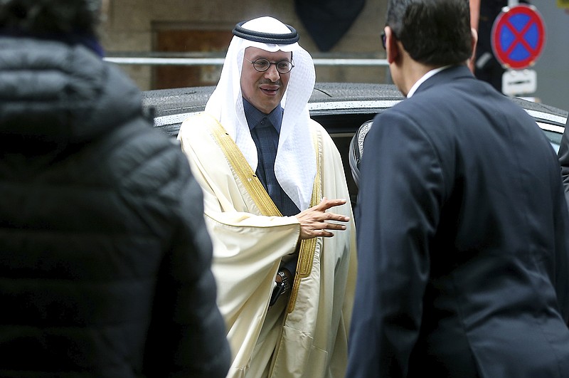 Prince Abdulaziz bin Salman Al-Saud, Minister of Energy of Saudi Arabia, arrives for a meeting of the Organization of the Petroleum Exporting Countries, OPEC, and non OPEC members at their headquarters in Vienna, Austria, Friday, March 6, 2020. (AP Photo/Ronald Zak)
