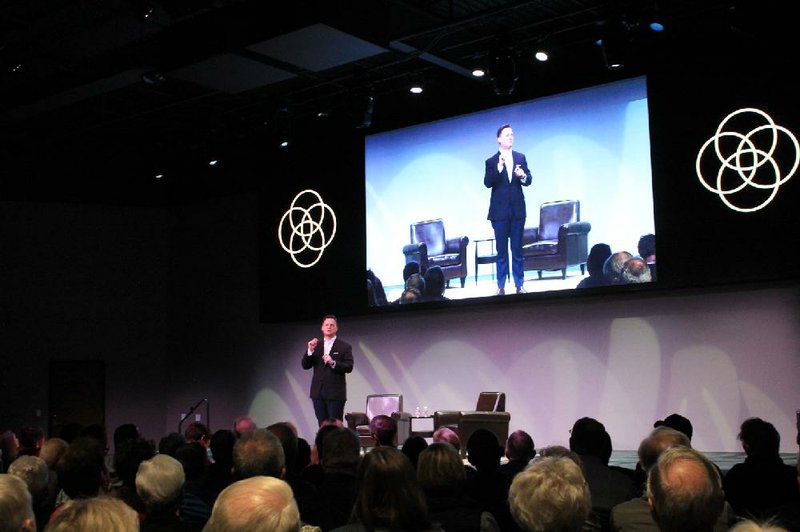 Dr. Steven Smith, senior pastor of Immanuel Baptist Church in Little Rock, onstage at the church’s new City Center outreach ministry building for City Center Conversations on Feb. 28.
(Arkansas Democrat-Gazette/Francisca Jones)