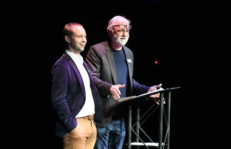 "Every time I walk out on this stage -- well, I think it will be a long time before we start to take this space for granted," said T2 Artistic Director Bob Ford by way of introduction Sunday night at the theater's season announcement party. (NWA Democrat-Gazette/J.T. Wampler)