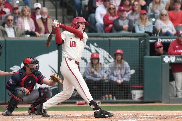 Arkansas' Heston Kjerstad gets a hit against South Alabama Sunday March 8, 2020 at Baum-Walker Stadium in Fayetteville. The Razorbacks won 5-3 and are back at home to take on Grand Canyon University Tuesday at 6:30 P.M.