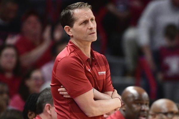 Arkansas coach Eric Musselman reacts on the sidelines against LSU during the first half of an NCAA college basketball game Wednesday, March 4, 2020, in Fayetteville, Ark. (AP Photo/Michael Woods)