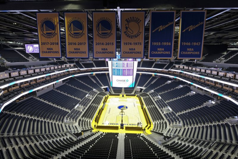 FILE - In this Aug. 26, 2019, file photo, the Golden State Warriors championship banners hang above the seating and basketball court at the Chase Center in San Francisco. The Warriors will play the Brooklyn Nets at home Thursday night, March 12, 2020, in the first NBA game without fans since the outbreak of the coronavirus. (AP Photo/Eric Risberg, File)
story.lead_photo.caption