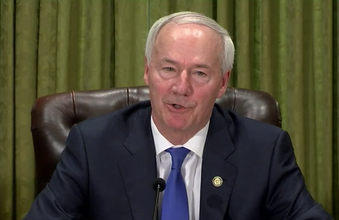 Arkansas Gov. Asa Hutchinson speaks at a news conference Wednesday morning in this still captured from video provided by the governor's office.