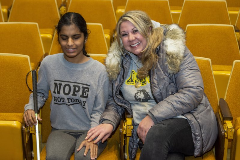 School winner Diya Chakaraborty and her English teacher Rebekah Lewis on 02/26/2020 at Arkansas School for the Blind for a story about Poetry Out Loud, the national poetry recitation competition. (Arkansas Democrat-Gazette/Cary Jenkins)