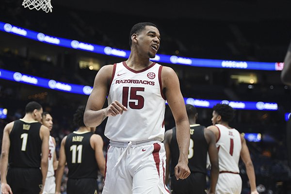 Arkansas guard Mason Jones (15) is shown during an SEC Tournament game against Vanderbilt on Wednesday, March 11, 2020, in Nashville, Tenn. 