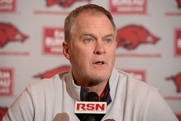 Hunter Yurachek, director of athletics at the University of Arkansas, speaks Friday, March 13, 2020, in the Touchdown Club at Razorback Stadium to address questions regarding the Southeastern Conference and the university's response to the coronavirus outbreak.