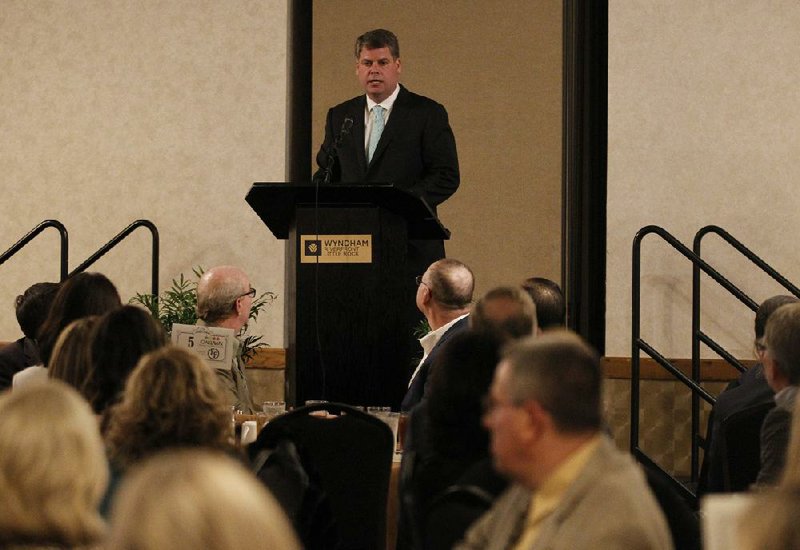 Oaklawn President Louis Cella (middle), shown speaking during the Oaklawn Jockey Club Kickoff Banquet in January, said the track will host live racing this weekend without fans in the stands. “If fans can’t show up because of health purposes, so be it, but this is all about the horses and putting on the show,” Cella said.
(Arkansas Democrat-Gazette/Thomas Metthe)