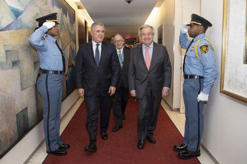 United Nations Secretary General Antonio Guterres (right), seen walking through U.N. headquarters Monday with Colombia President Ivan Duque Marquez, is “deeply concerned” about the coronavirus outbreak in Iran, a U.N. spokesman said.
(AP/U.N./Eskinder Debebe)