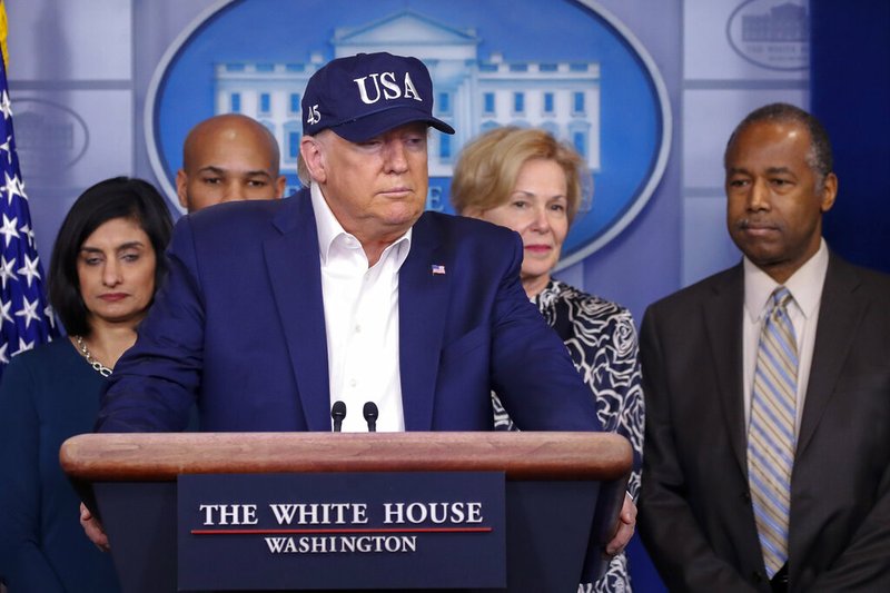 President Donald Trump speaks during a briefing on coronavirus in the Brady press briefing room at the White House, Saturday, March 14, 2020, in Washington. 
