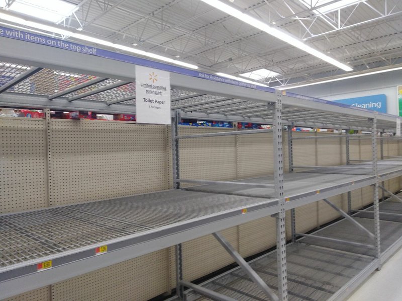 Marc Hayot/Siloam Sunday The toilet paper aisle at the Walmart super center in Siloam Springs lays bare as people have purchased large amounts of toilet paper in the wake of the coronavirus scare.