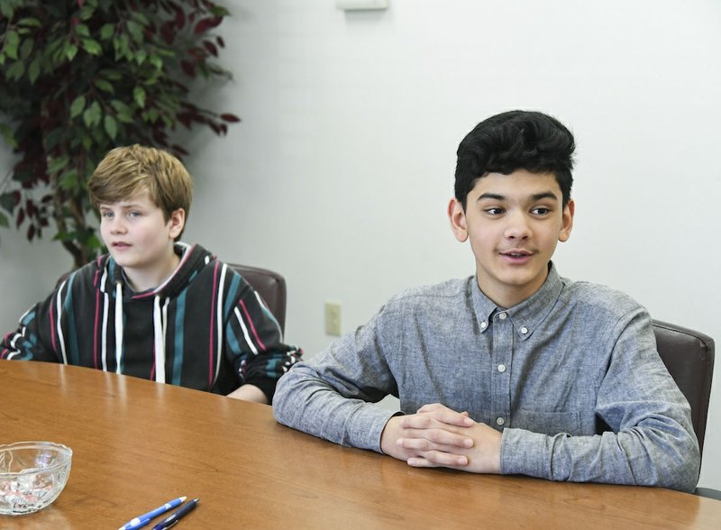 Christopher Davidson, left, an eighth-grader at Lake Hamilton Junior High, and Thor Seay, a seventh-grader at Lake Hamilton Middle School, and were selected as semifinalists eligible to compete in the 2020 National Geographic GeoBee State Competition. - Photo by Grace Brown of The Sentinel-Record