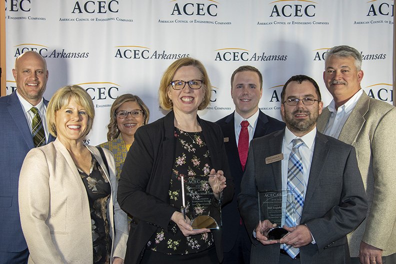 B&F; Engineering Inc. won two awards at the 2019-2020 ACEC Engineering Excellence Awards on March 5 at the Arkansas Governor's Mansion. For the work on the new Langston Leadership Academy, B&F; and Hot Springs School District won the category for Special Large Projects. From left are John Rogers, B&F;, Becky Rosburg, HSSD, Taryn Echols, HSSD, Superintendent Stephanie Nehus, HSSD, Christian Vaughn, B &F;, Daniel George, B&F;, and Tim Tieaskie, B&F.; Local firms of French Architects and Hill and Cox Corp. also heavily involved in the project. - Submitted photo