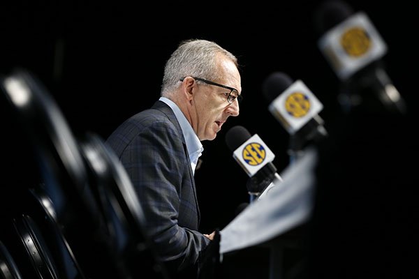 Greg Sankey, commissioner of the Southeastern Conference, talks about the decision to cancel the remaining games in the SEC NCAA college basketball tournament Thursday, March 12, 2020, in Nashville, Tenn. The conference tournament was cancelled due to coronavirus concerns. (AP Photo/Mark Humphrey)