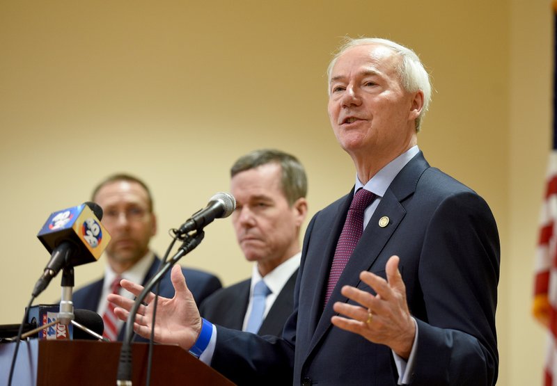 Arkansas Governor Asa Hutchinson talks during a press conference Monday, March 16, 2020 in Fayetteville. 