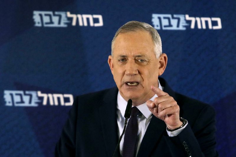 Blue and White party leader Benny Gantz delivers a statement in Tel Aviv, Israel, earlier this month. (AP/Sebastian Scheiner) 
