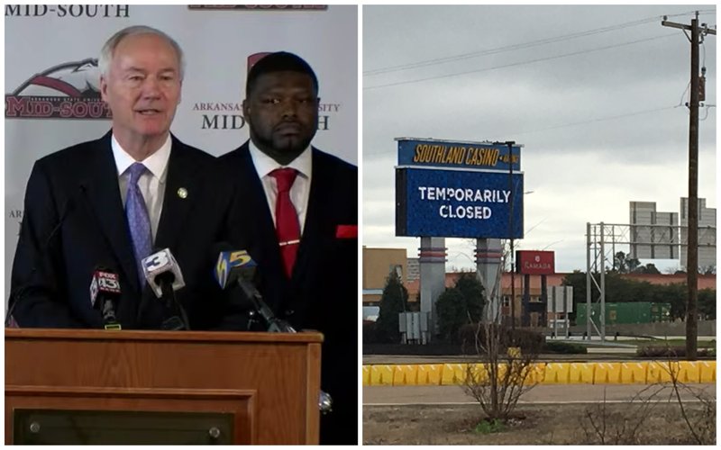 (Left) Arkansas Gov. Asa Hutchinson speaks at a news conference Tuesday morning in this still captured from video provided by the governor's office. (Right) Southland Casino Racing. (Arkansas Democrat-Gazette/Andy Davis)