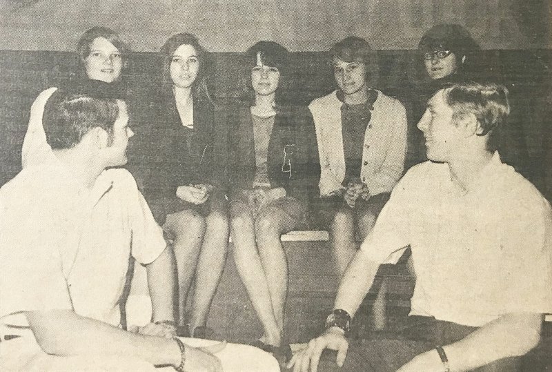 TIMES file photograph Blackhawk co-captains John Lasater and Jim Brown look over the five candidates from whom this week's Homecoming queen was selected. The girls are, from left: Vickie Hall, freshman; Linda Bell, senior; Patsy Boyd, senior; Debbie Morgan, sophomore; and Beth Boyd (not a sister to Patsy), junior. The final selection was up to the entire Blackhawk squad who selected Miss Bell to reign over Homecoming festivities. She is the daughter of Mr. and Mrs. L.C. Bell, Rt. 1, Seligman, Mo. This photograph was published in the Pea Ridge Graphic Thursday, Feb. 12, 1970.