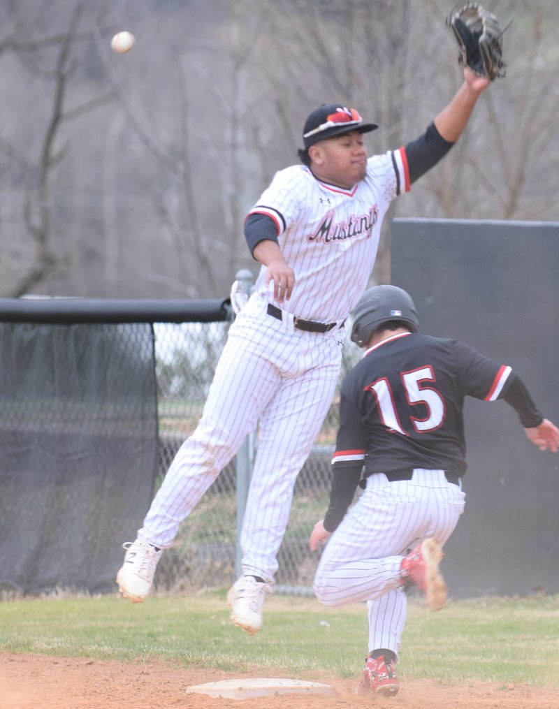 RICK PECK/SPECIAL TO MCDONALD COUNTY PRESS McDonald County first baseman Omar Manuel tries to track down a wild throw as Cory Creason beats out a bunt during a scrimmage held on March 13 at MCHS.