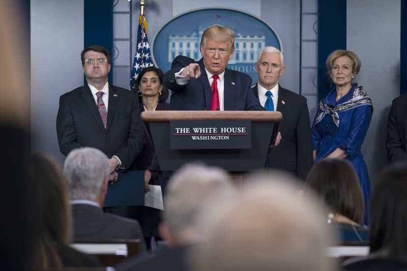President Donald Trump speaks during press briefing with the coronavirus task force, at the White House, Wednesday, March 18, 2020, in Washington, as Veterans Affairs Secretary Robert Wilkie, Administrator of the Centers for Medicare and Medicaid Services Seema Verma, Vice President Mike Pence and Dr. Deborah Birx, White House coronavirus response coordinator, listen (AP Photo/Evan Vucci)