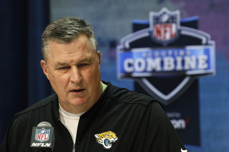 Jacksonville Jaguars head coach Doug Marrone speaks during a press conference at the NFL football scouting combine in Indianapolis, Tuesday, Feb. 25, 2020. (AP Photo/Charlie Neibergall)