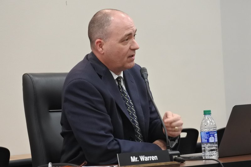 Martin Mahan, assistant superintendent for curriculum and instruction for the Fort Smith School District, speaks during the School Board meeting Monday.
(Arkansas Democrat-Gazette/Thomas Saccente)
