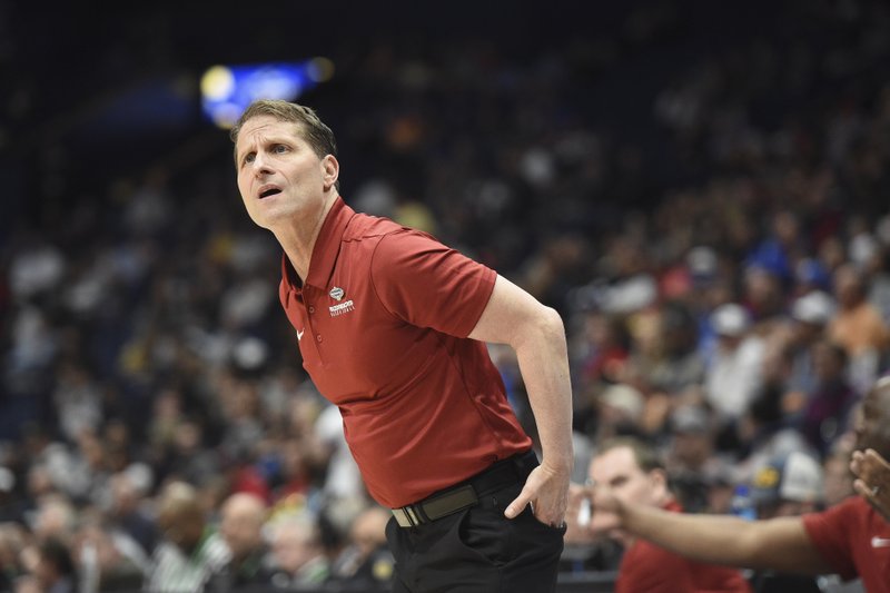 Arkansas head coach Eric Musselman reacts, Wednesday, March 11, 2020 during a basketball game at Bridgestone Arena in Nashville, Tenn. 