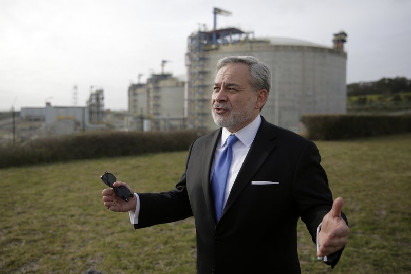 United States Secretary of Energy Dan Brouillette gestures during an interview at the LNG terminal of the deepwater port of Sines after visiting the port, in Sines, southern Portugal, Wednesday, Feb. 12, 2020. The US government and american companies are expressing interest in the expansion of the port. (AP Photo/Armando Franca)