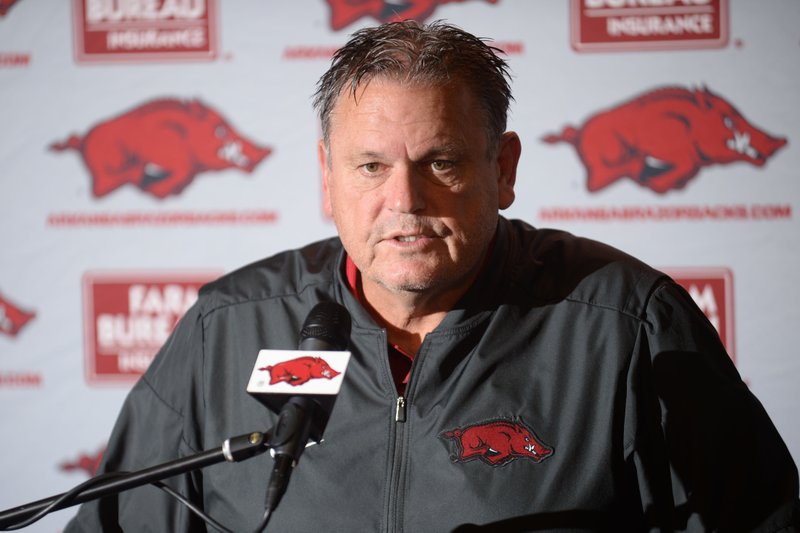 Arkansas coach Sam Pittman speaks Wednesday, Dec. 18, 2019, during a press conference to discuss the early signing period at the Fred W. Smith Football Center on the University of Arkansas in Fayetteville. Pittman talked to the media Friday about the end of spring practice.