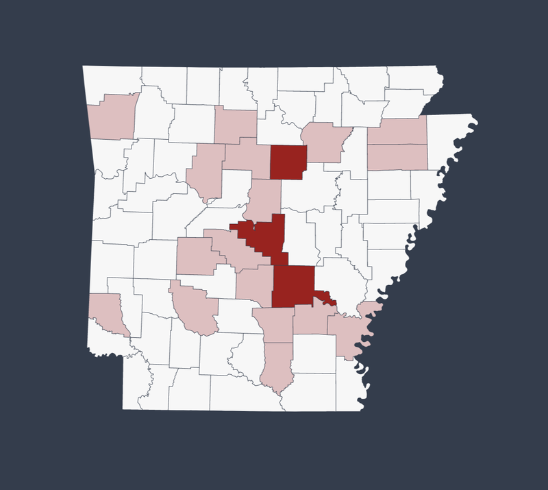 A map of Arkansas' covid-19 cases as of March 19, 2020.