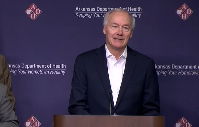 Gov. Asa Hutchinson speaks at a news conference on Saturday afternoon.