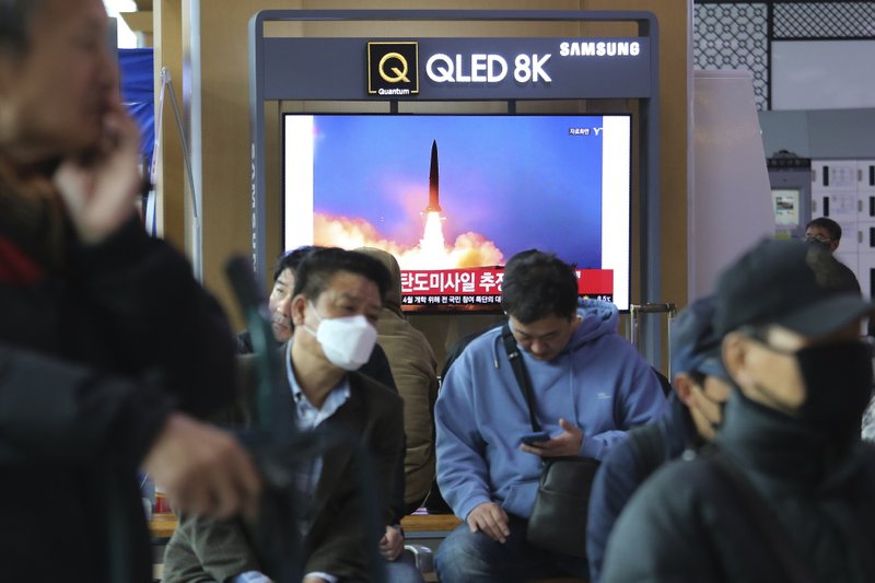 A television screen shows a file image of North Korea's missile launch during a news program at the Seoul Railway Station in Seoul, South Korea, Saturday, March 21, 2020. North Korea on Saturday fired two presumed short-range ballistic missiles into the sea, South Korea's military said, as it continues to expand military capabilities amid deadlocked nuclear negotiations with the Trump administration and a crippling global health crisis. (AP Photo/Ahn Young-joon)