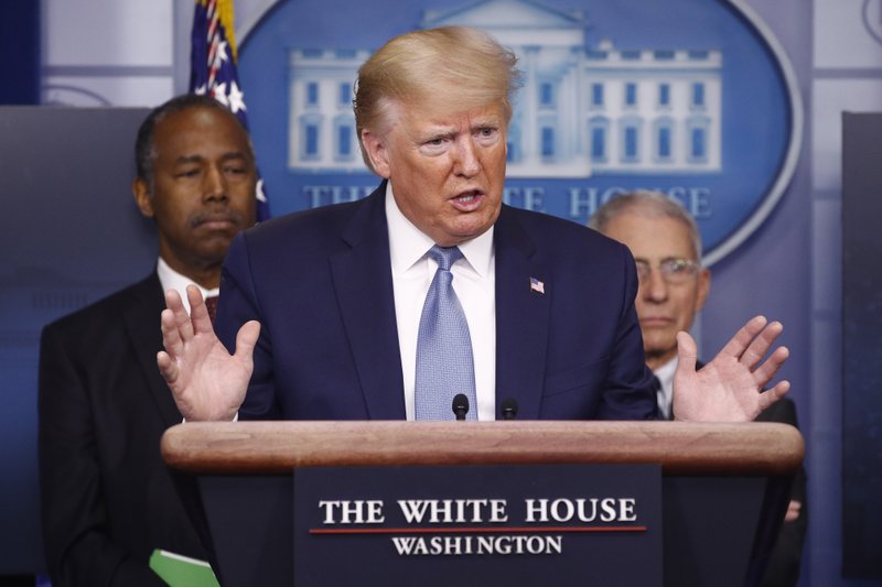 FILE - President Donald Trump speaks during a coronavirus task force briefing at the White House, Saturday, March 21, 2020, in Washington. (AP Photo/Patrick Semansky)