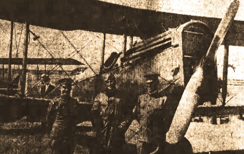 In this detail of a photo from the March 24, 1920, Arkansas Gazette, Lt. Belvin Maynard (center) poses with Lt. Edward Wolfe (left) and Lt. Col. C.A. Mitchell of the Little Rock Army recruiting office at a landing field in North Little Rock. (Arkansas Democrat-Gazette)