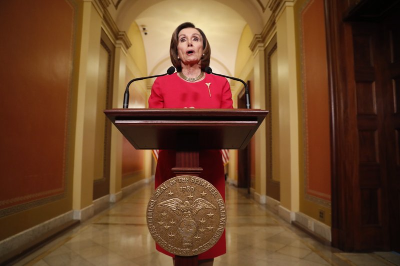 The Associated Press SPEAKER: House Speaker Nancy Pelosi of California speaks outside her office on Capitol Hill, Monday. story.lead_photo.caption